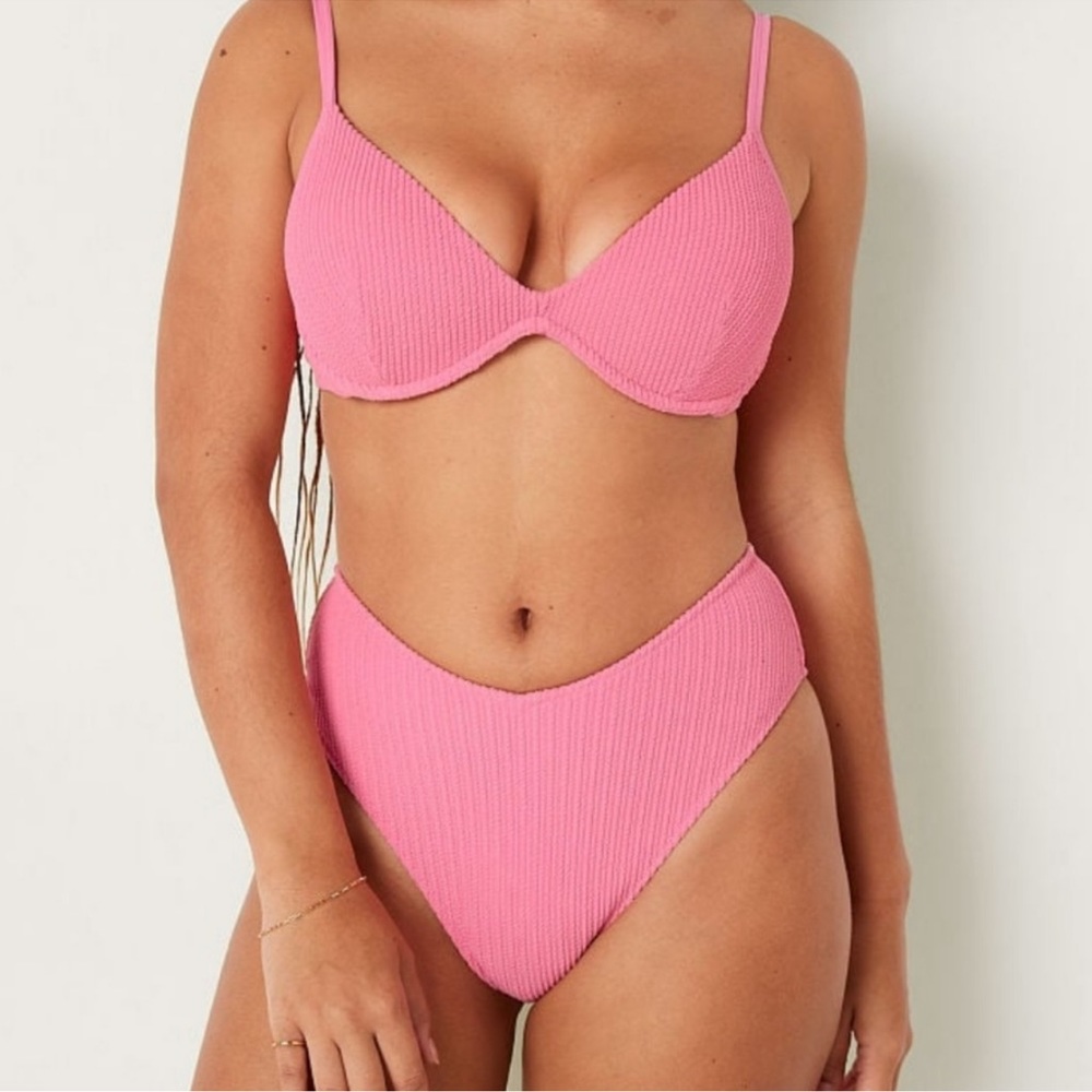 VS PINK Dreamy Pink Crinkle High Waisted Bikini Bottom Size Large NWT